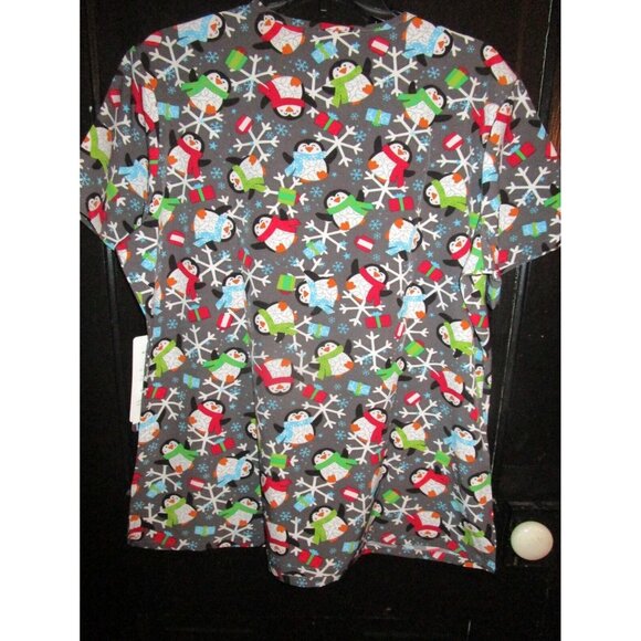 Elite Med Penguin Snowflake Holiday Christmas Scrub Top Size Large L - Picture 2 of 3